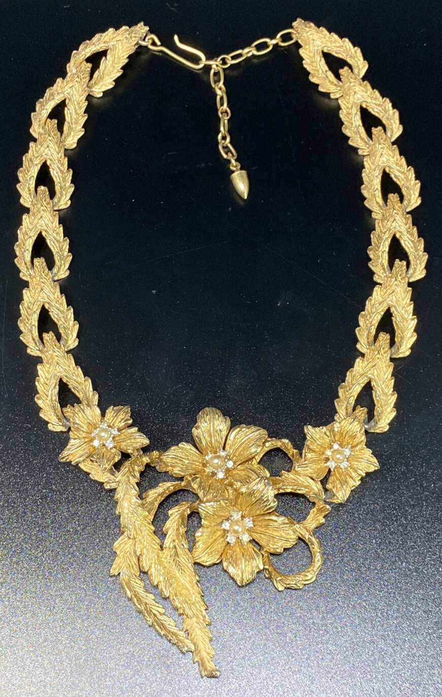 Antique Gold Plate Necklace Floral Leaf Rhinestone & Pearl Designer Signed
