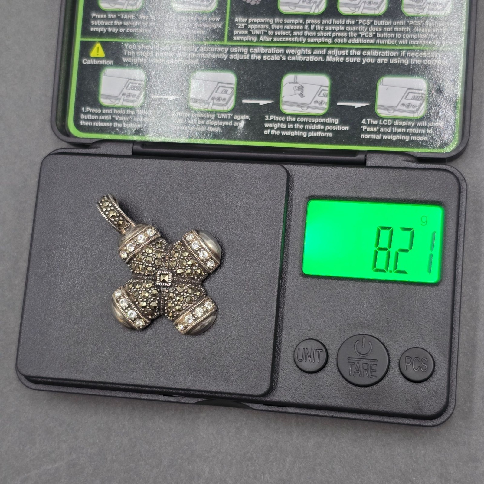 Vintage Sterling Silver Maltese Cross Marcasite Quartz Enhancer Pendant 1.5″