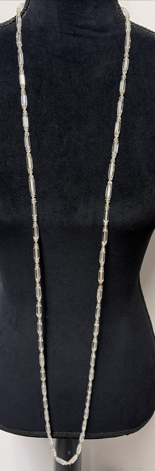 Antique Clear Glass Faceted Beaded Long Flapper Necklace 30″