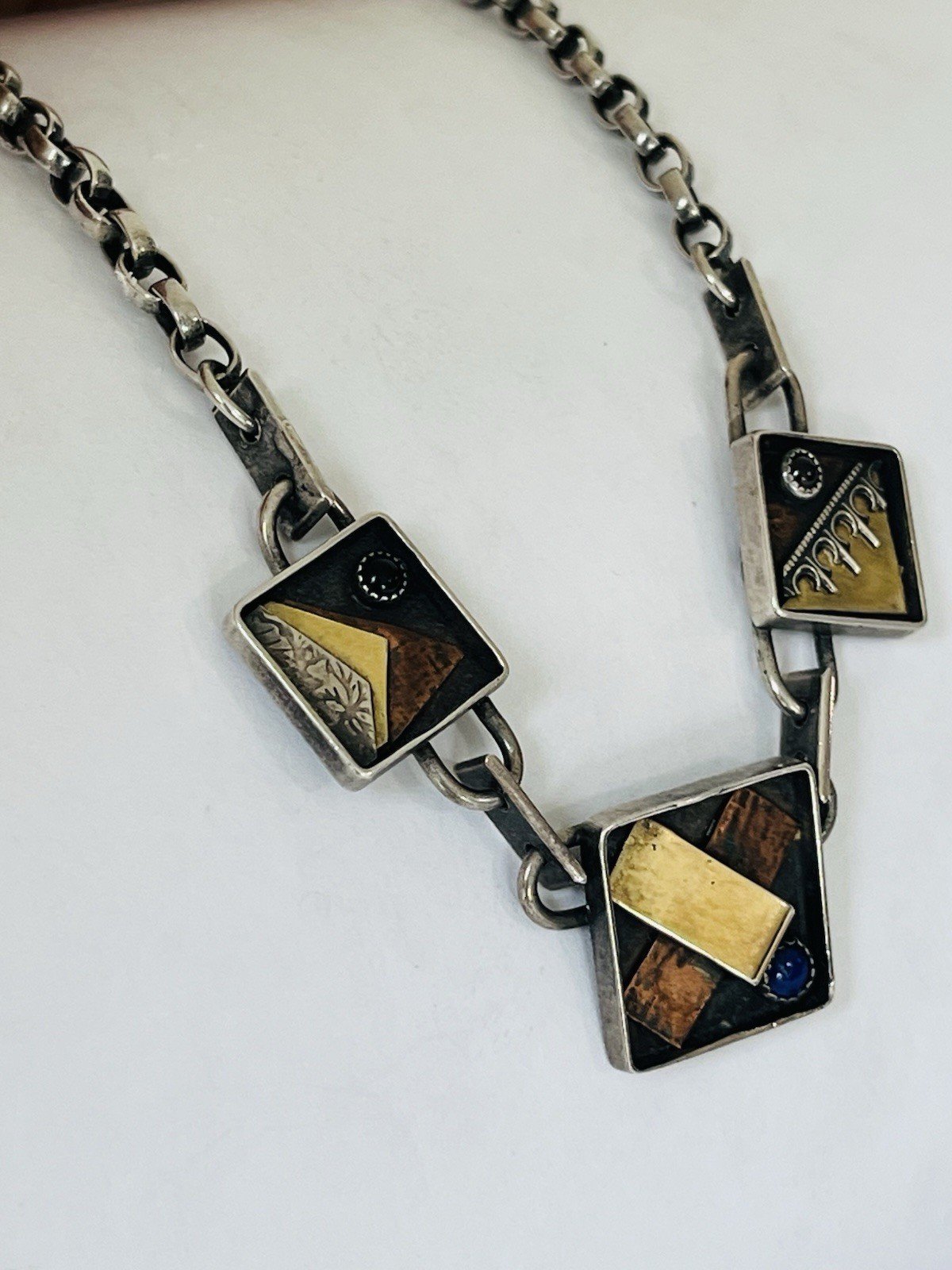 Vintage Signed Modernist Mixed Metal Sterling Silver Stone Link Necklace 32Grams
