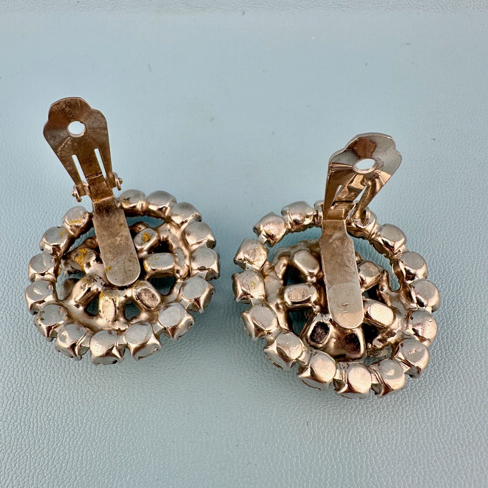 Vintage Rhinestone Earrings Silver Tone Round Cluster Baguette Prong Set Clip On