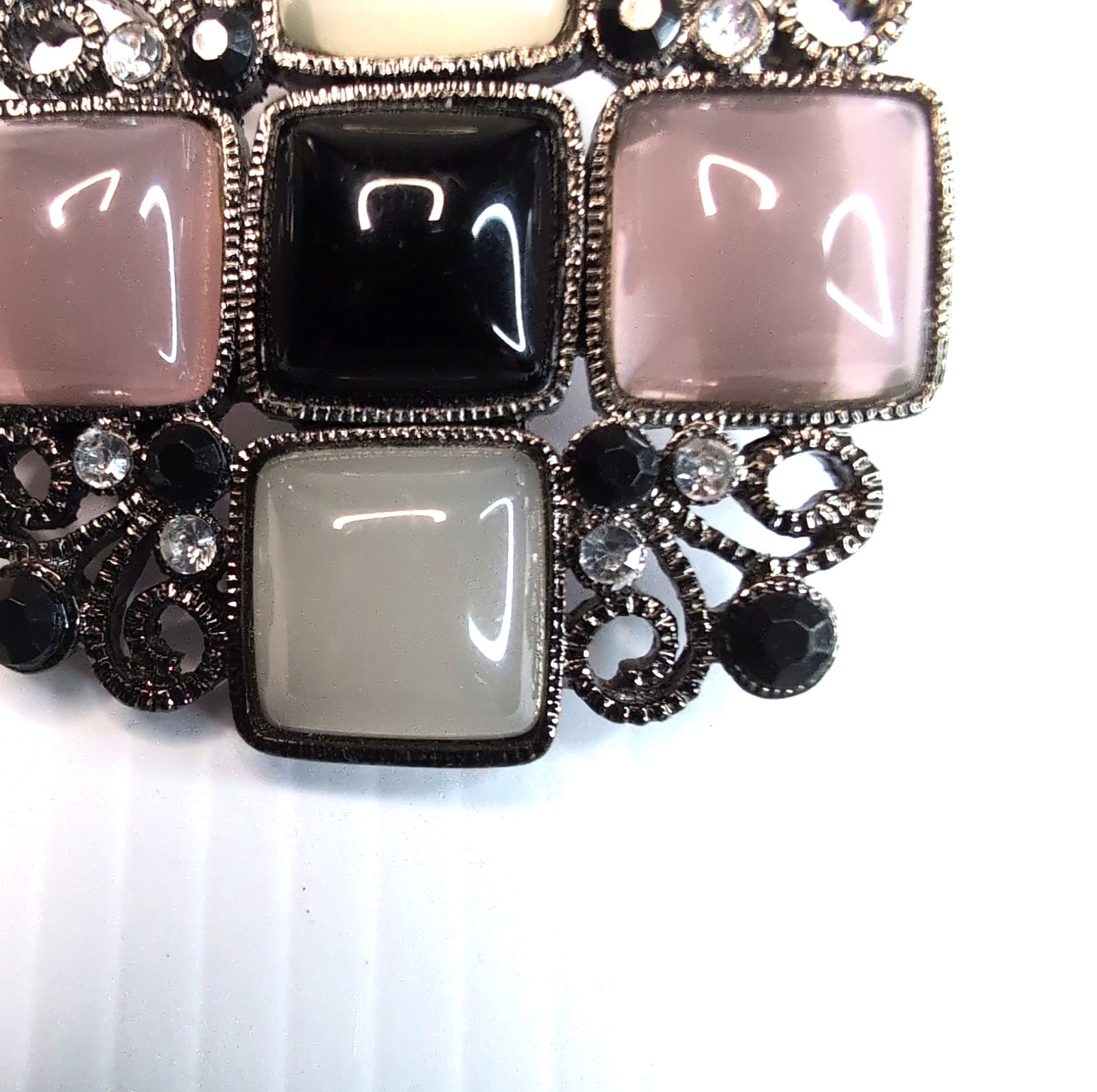 Vintage Geometric Square Brooch Black Pink Gunmetal Silver Tone Openwork Gothic