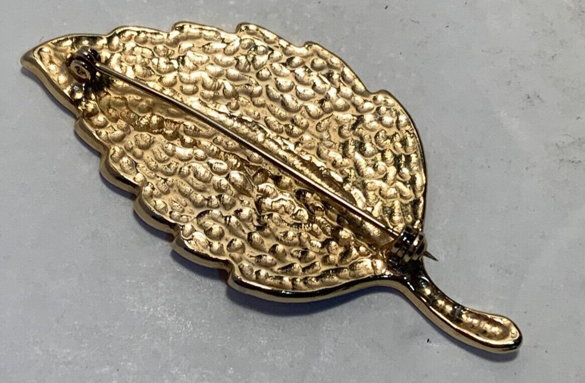 Gold Colored Metal, Red and Green Enameling, Leaf Pin/Brooch, Fall, Christmas