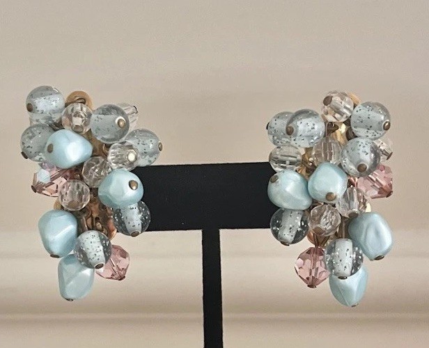 Vintage Aqua Light Blue Pink Beaded Cluster Crystal Clip On Statement Earrings