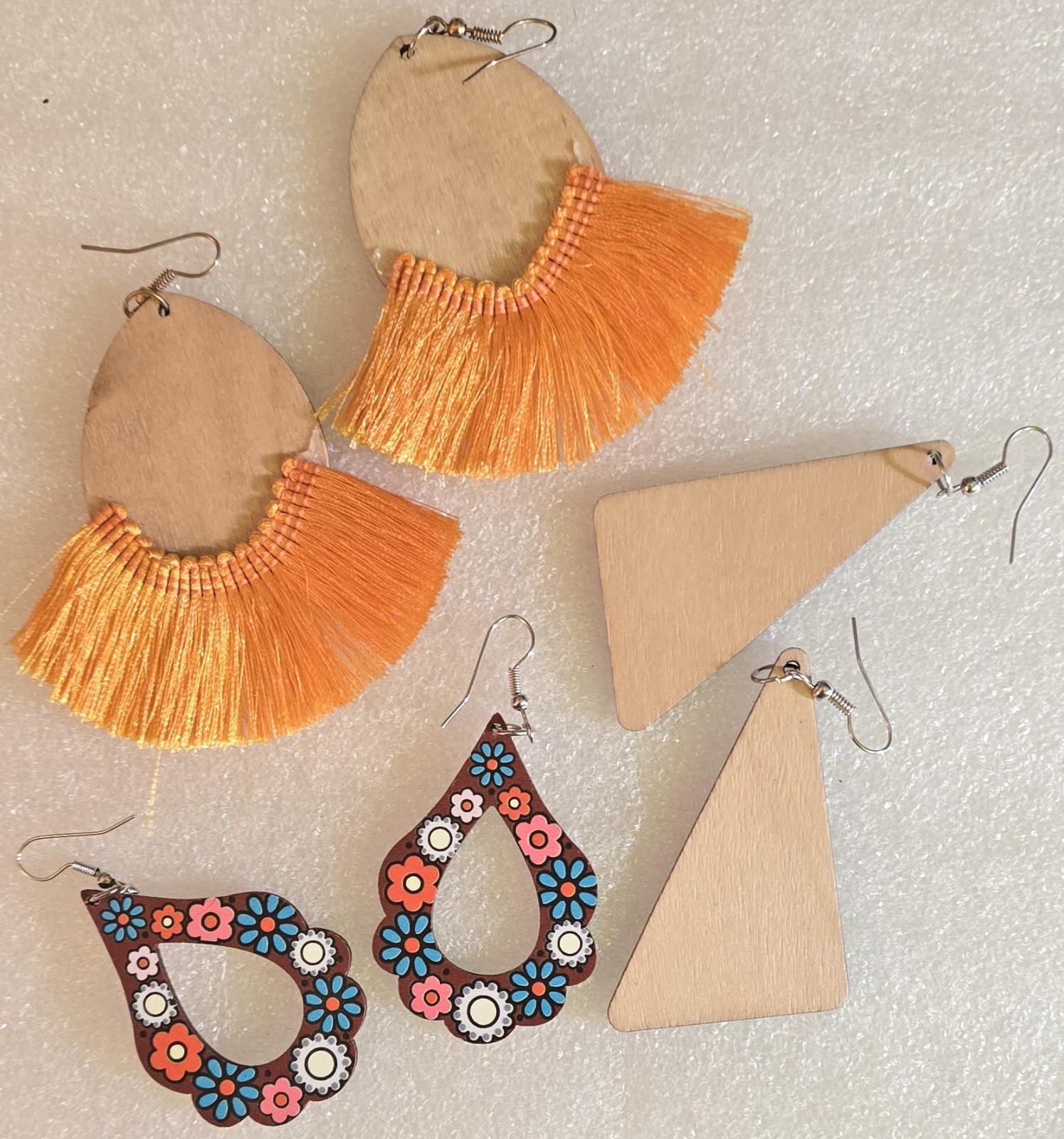 Vintage Colorful Painted Flowers Circles Wood Dangle Drop Pierced Earrings Lot