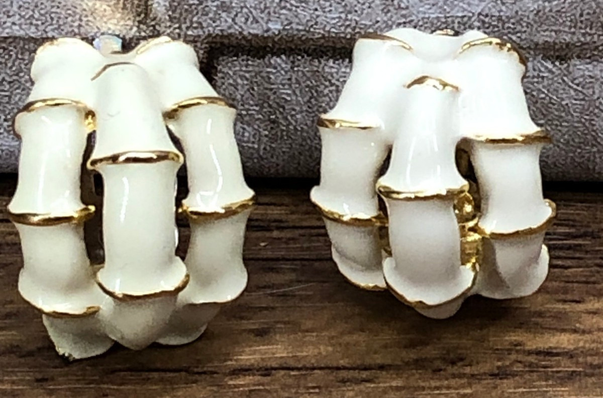 Vintage Ivory and Gold Tone Bamboo Clip on Earrings
