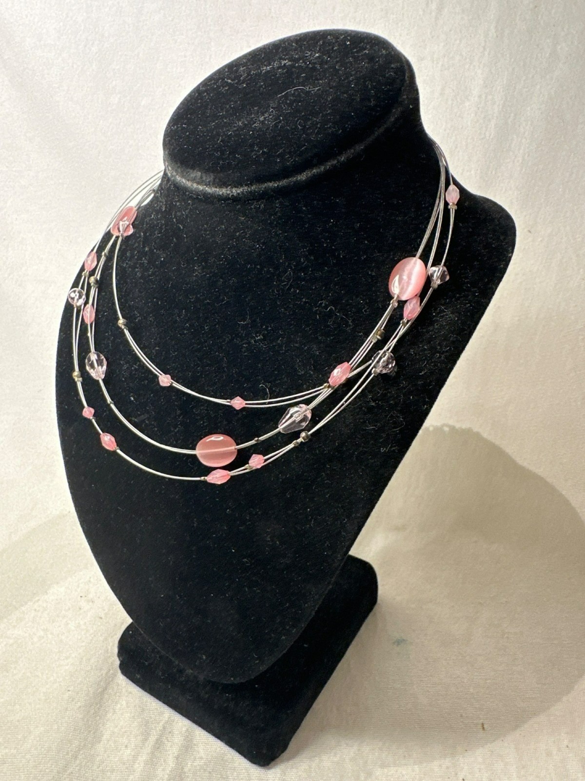 Multi Strand Pink Beaded Necklace Wire Wrap Romantic Layered Design Fairy Kei