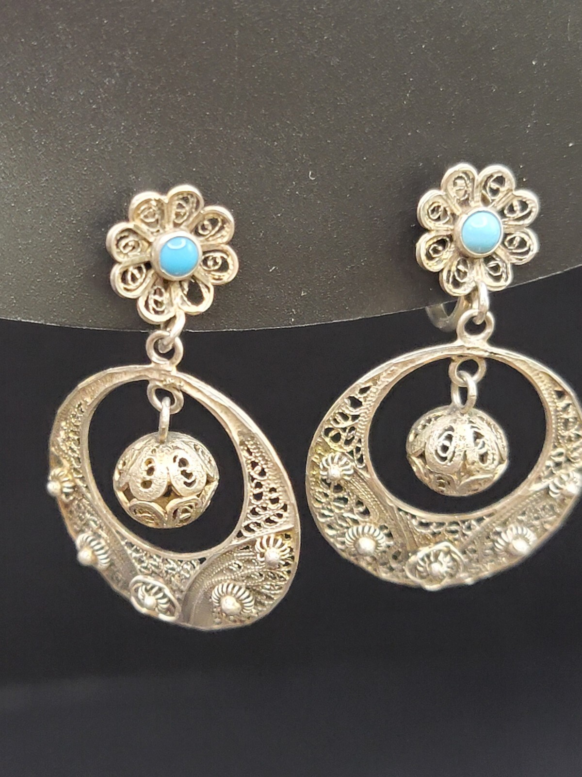 833 Silver Filigree Drop Earrings Turquoise Accent Dangle Vintage Ethnic