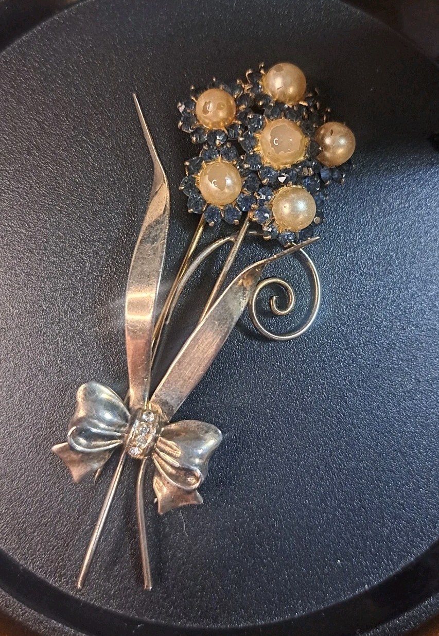1950s 925 Sterling Silver Vermeil Blue Rhinestone Faux Pearl Brooch 3.5” 17gr