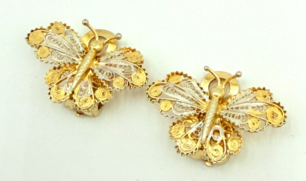 Antique 800 Silver Gold Wash Butterfly Filigree Link Bracelet & Clip On Earrings