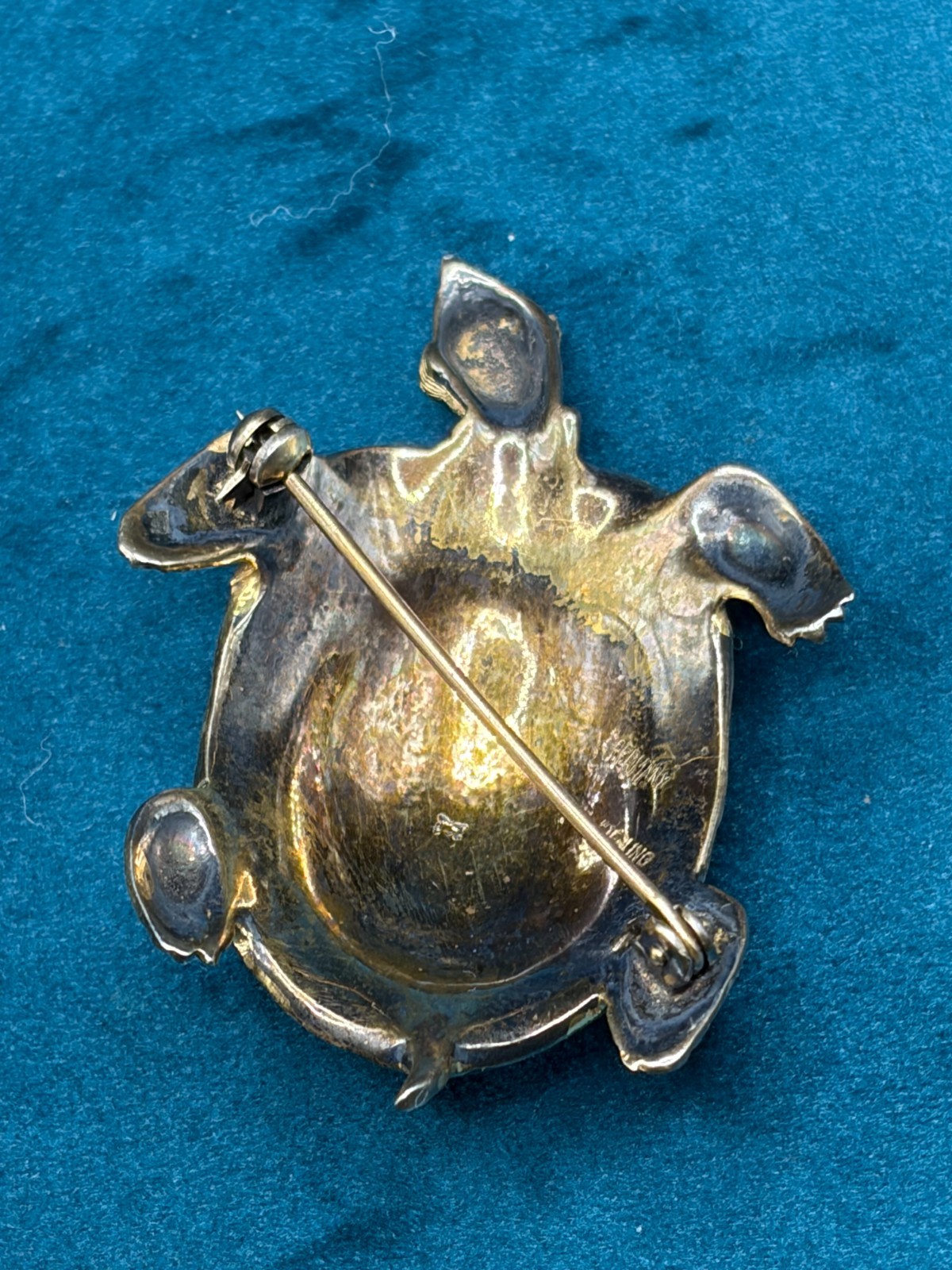 Vintage Sterling Silver Enamel Turtle Brooch Pin Stone Eyes Germany 2″