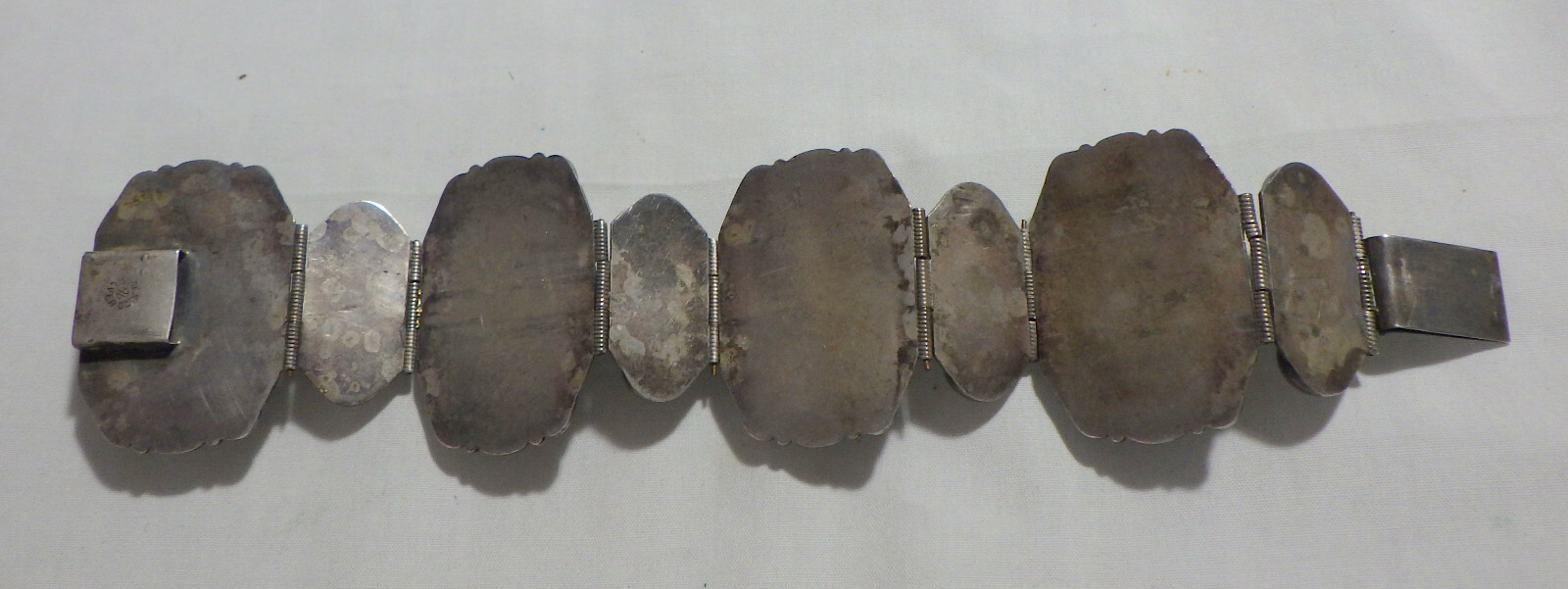 MEXICO STERLING BRACELET W, CARVED JADE INTRICATE AZTEC WARRIOR FACE 76 GRAMS