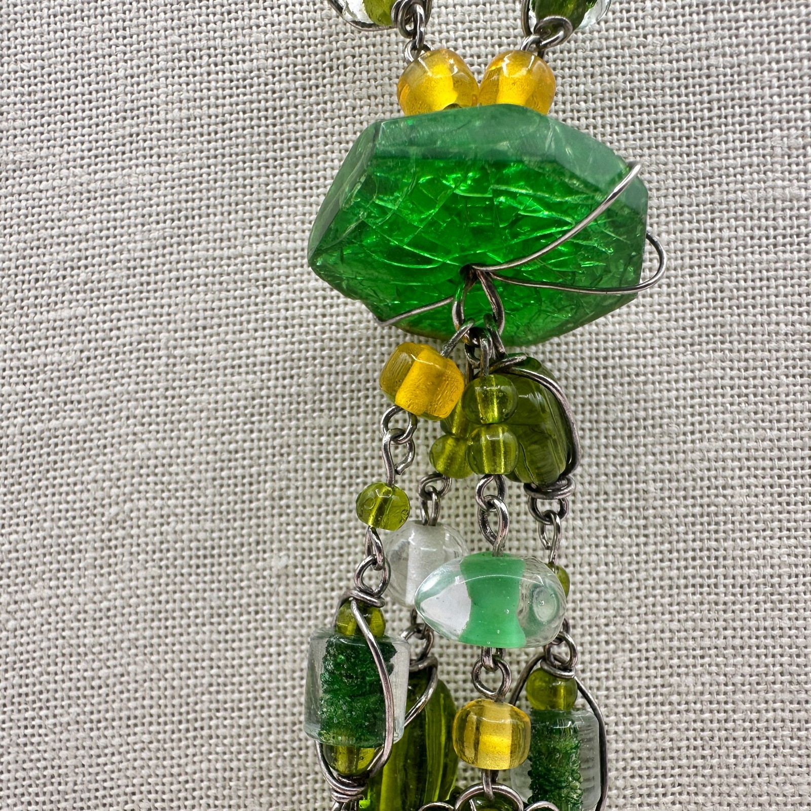 Vintage Green Glass Bead Tassel Necklace Wire Wrapped Yellow Crystal Y Drop Boho