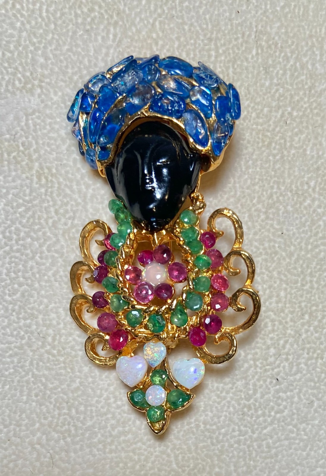 AUTHENTIC SWOBODA BLACKAMOOR BROOCH ~ GENUINE SAPPHIRE, RUBY, EMERALD, OPAL!