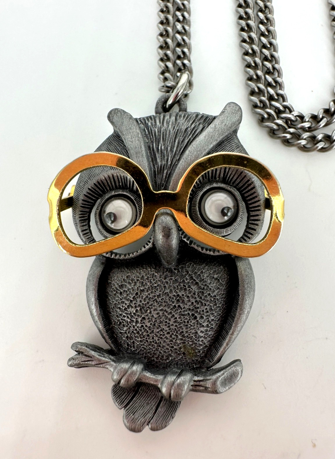Vintage FAB Pewter Tone Googly Eyed Owl With Movable Eyeglasses Pendant Necklace