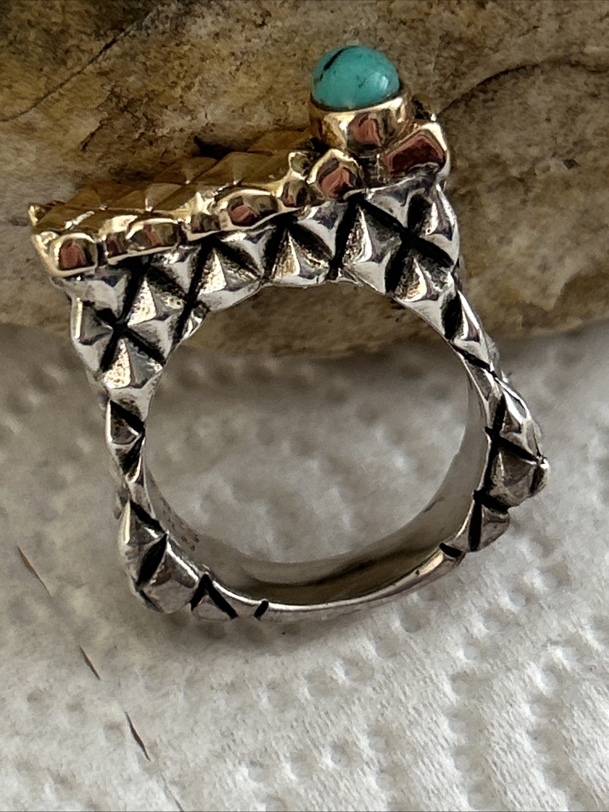 Vtg Dian Malouf Ring:Hallmarked DLM 14K Gold 925 Sterling Turquois Ring:Sz 10