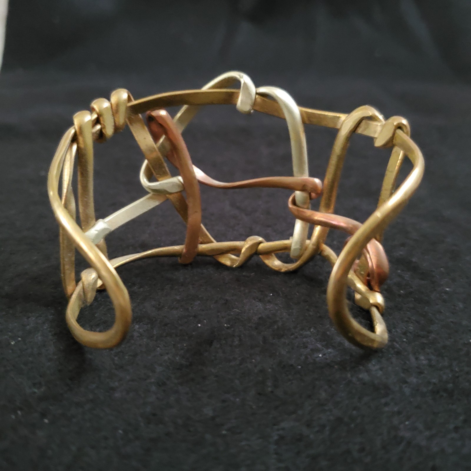 Vintage Artisan Cuff Bracelet Brutalist Mixed Metals Gold Tone Weave 1.75″