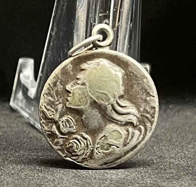 France circa 1920 antique Art Nouveau Beautiful Lady design charm medal pendant