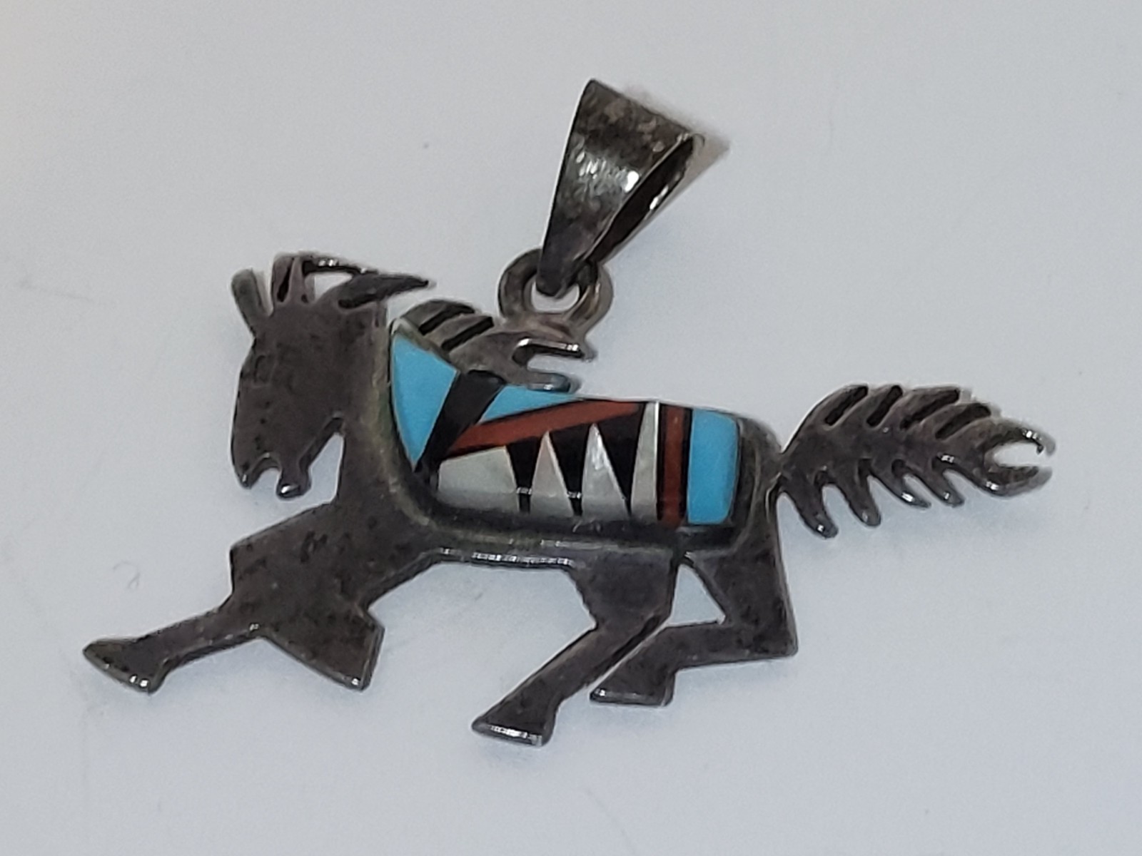 Vintage Larry Sandoval Sterling Silver Horse Pendant Inlay Turquoise Coral
