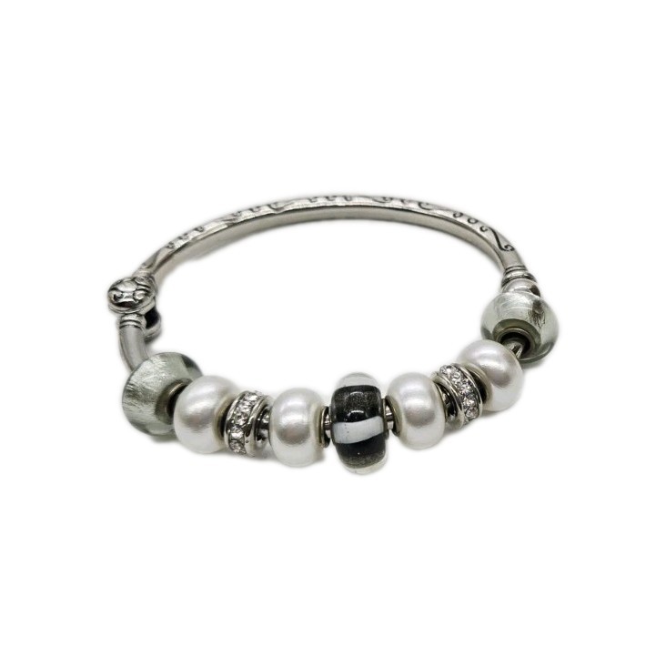 Hinged Bangle bracelet Silver tone Add a Bead One Size OSFM 9 beads