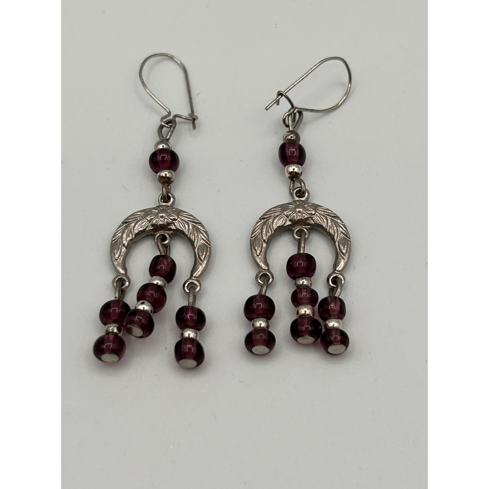 Vintage Silver Tone Purple Beaded Chandelier Dangle Drop Earrings Boho