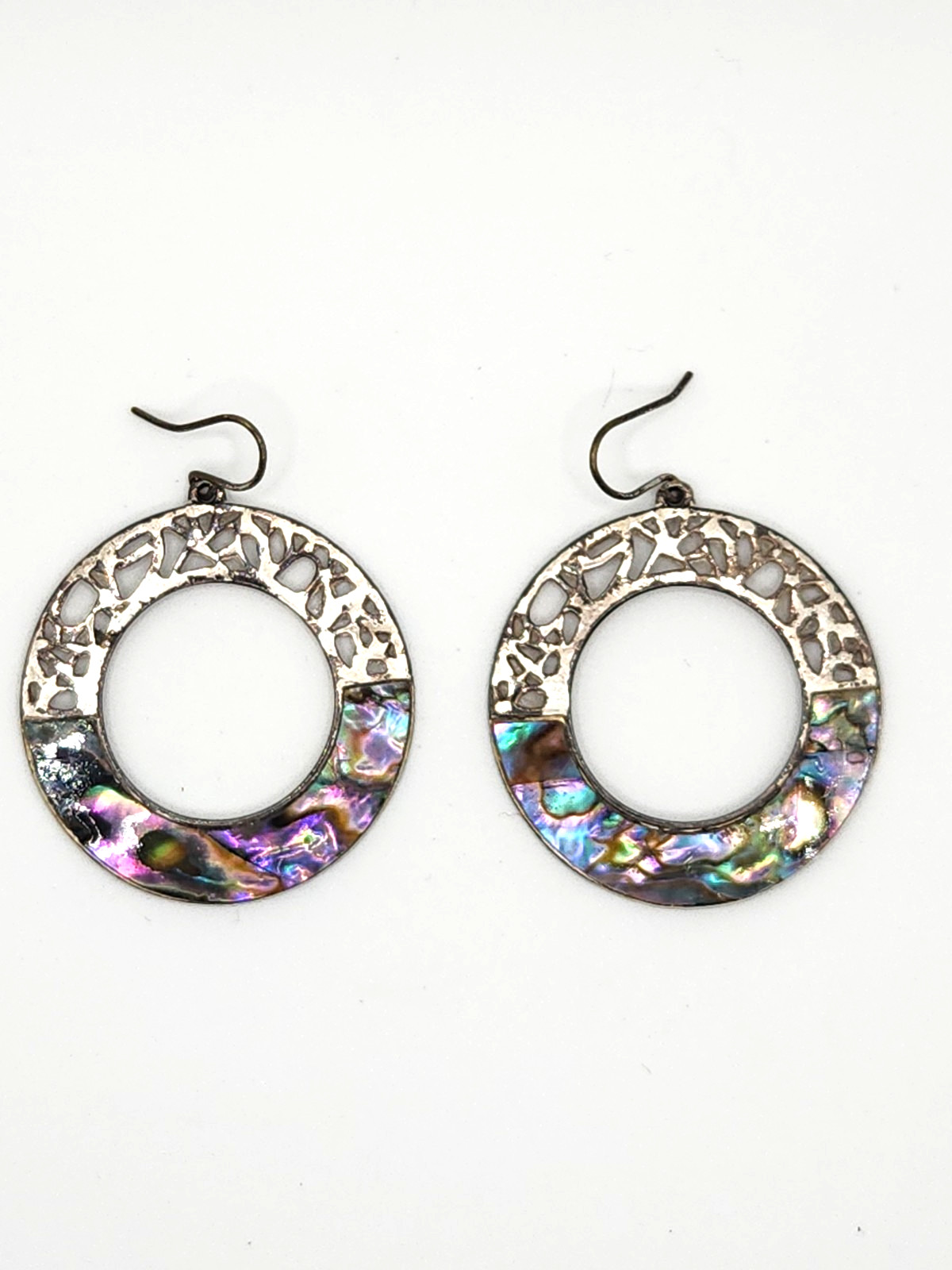Vintage Abalone Open Circle Silver Earrings Signed KC Hook Mother Of Pearl