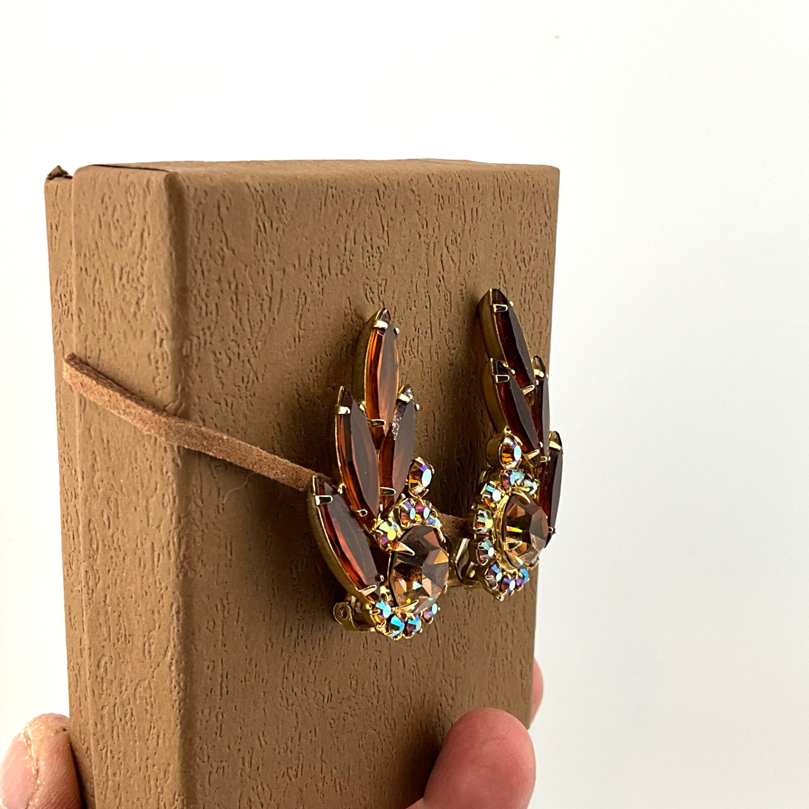 Vintage Mid Century Modern Crystal Clip Earrings Amber Navette Aurora Borealis
