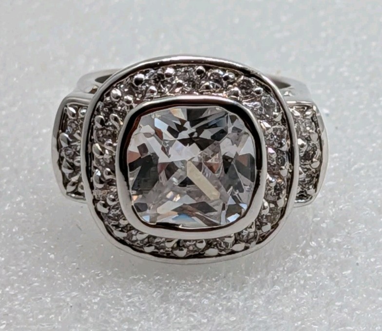 Vintage Silver Plated Cubic Zirconia Cushion Cut Halo Engagement Ring Sz 6.75