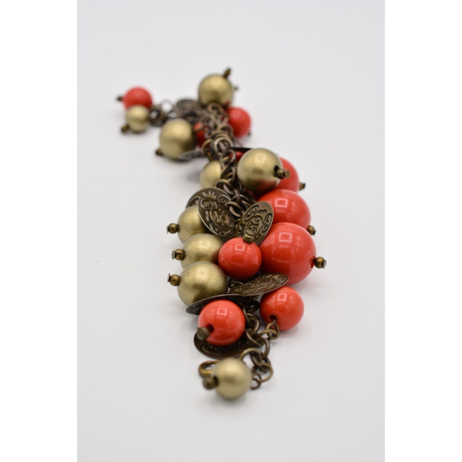 Vintage Dangle Coin Charm Bracelet Rustic Brass Orange Gold Beaded Chunky Bin7