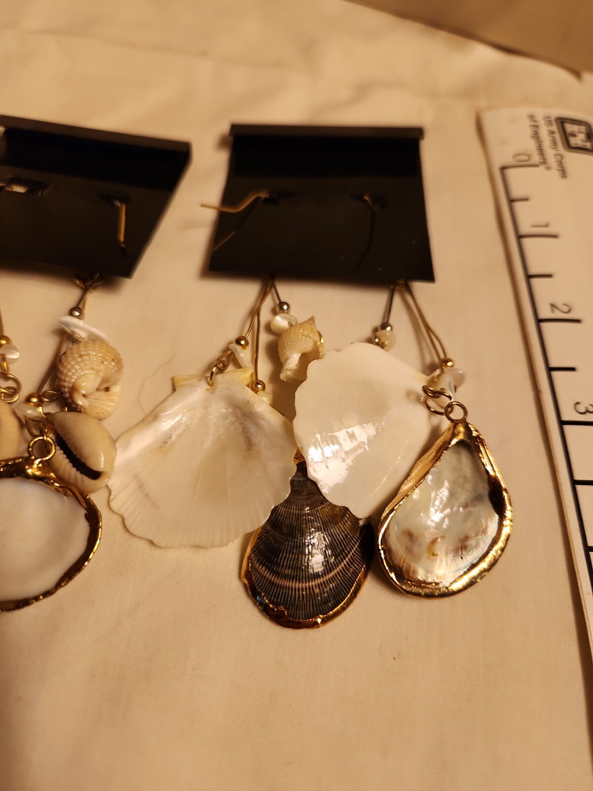 Vtg Sea shell pendant gold trim foil natural estate Lot 4″Dangle Earring Jewelry