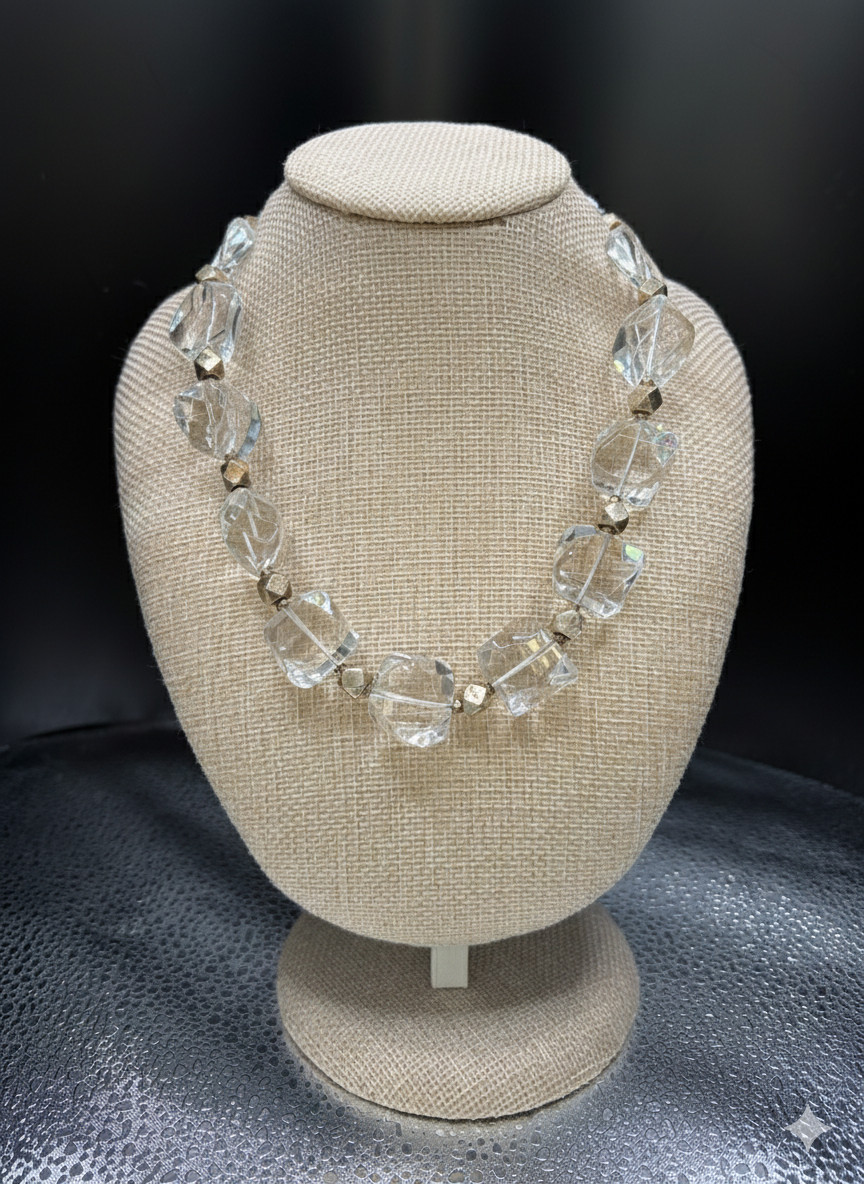 Massive Vintage 5.1oz Brutalist “Ice” Necklace – 14 Faceted 18mm Crystal Nuggets
