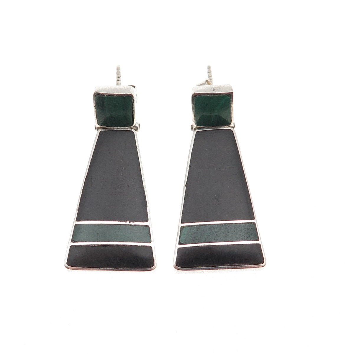 980 Silver Vintage Real Black Onyx & Malachite Modernist Dangle Earrings