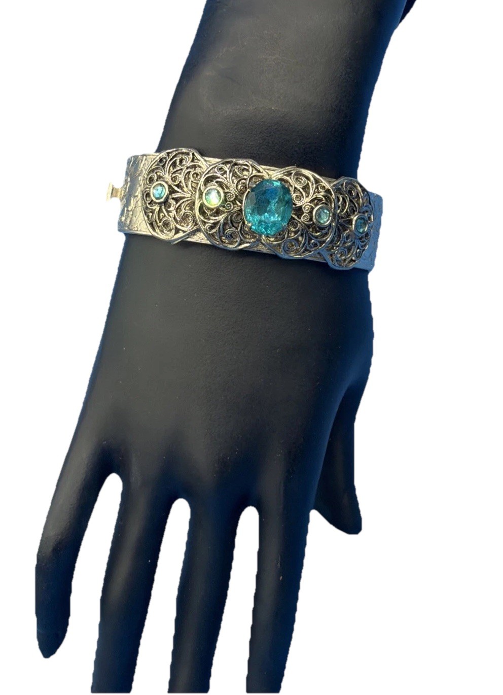 Vintage Art Deco Filigree Cuff Bracelet Silver Tone Blue Stones Openwork