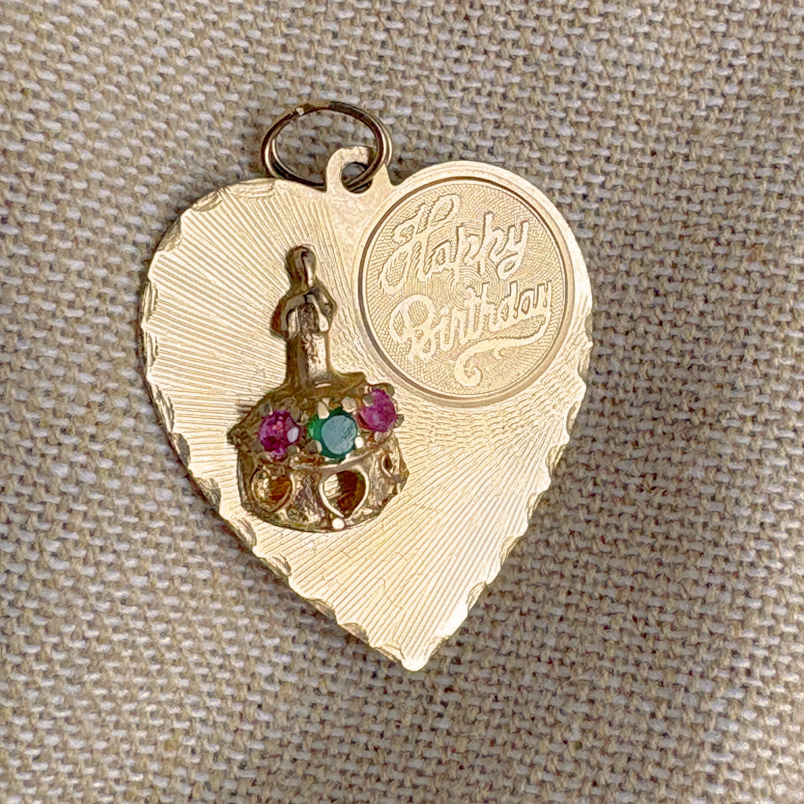1960s 14K Happy Birthday heart charm – pink and green stones – 3.37 gms