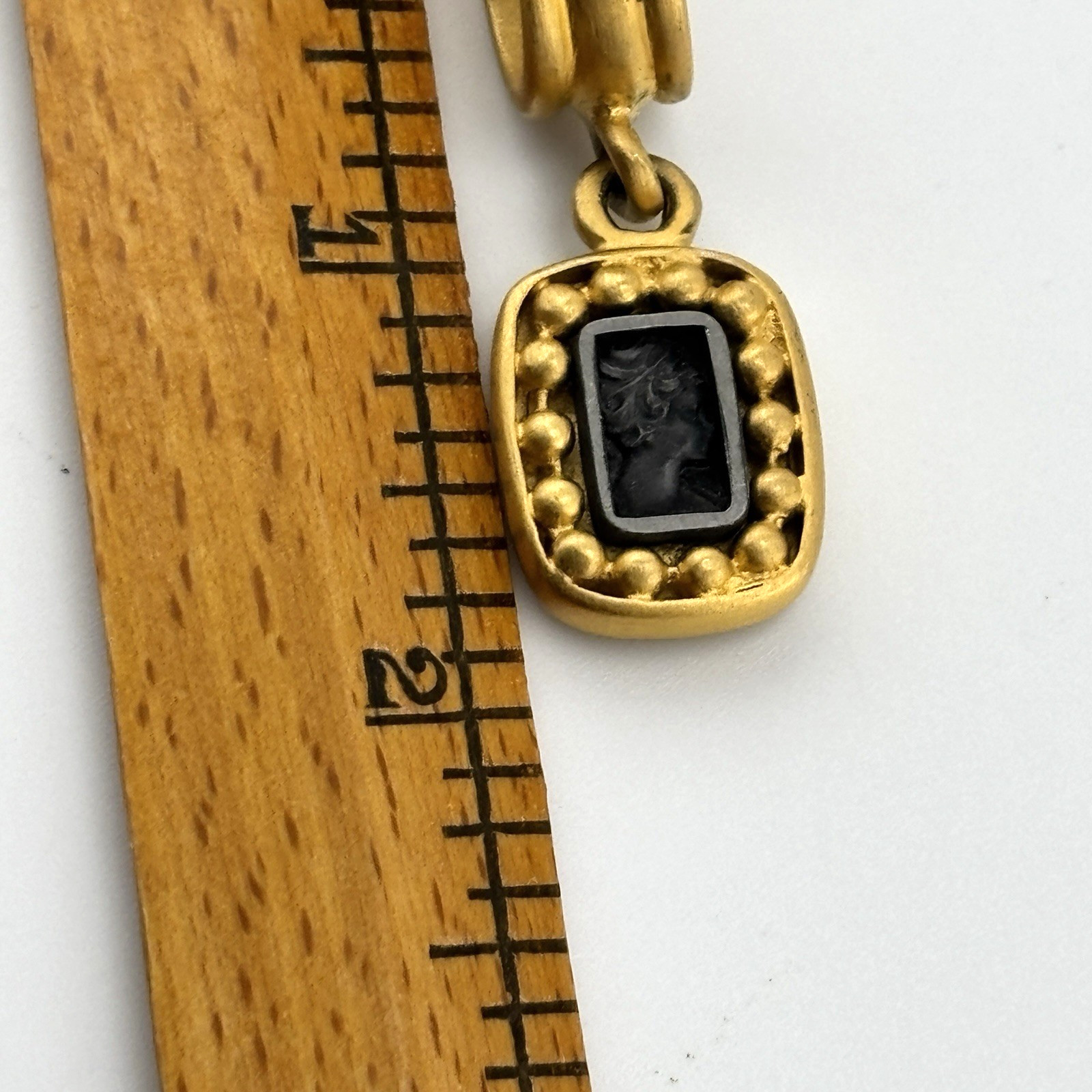 Vintage Carlisle Black Cameo Pendant Brushed Gold Tone Large Bail Signed