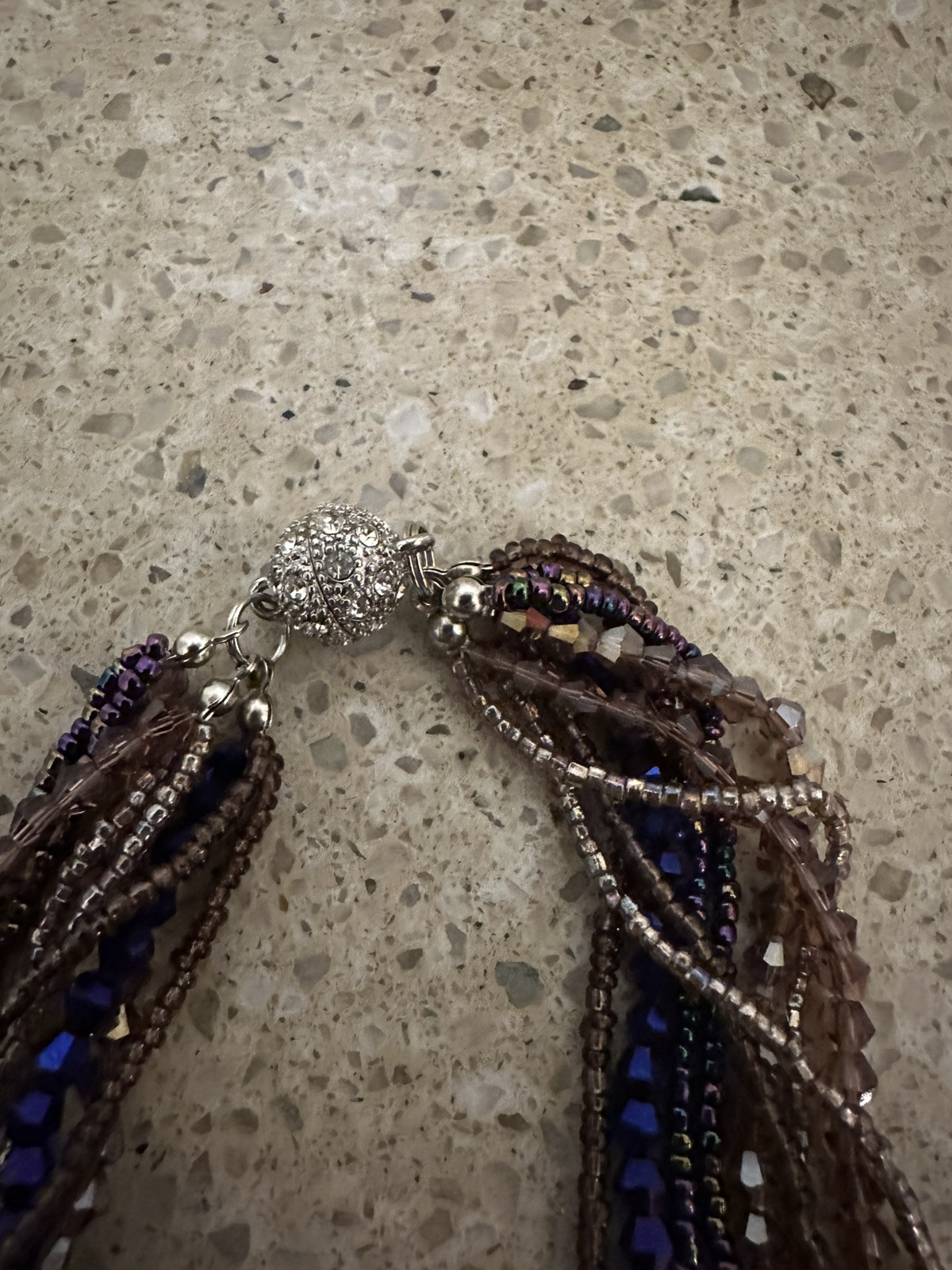 Vintage Necklace 8 Strands With Blue Peacock Purple Beads Magnetic Clasp 18″