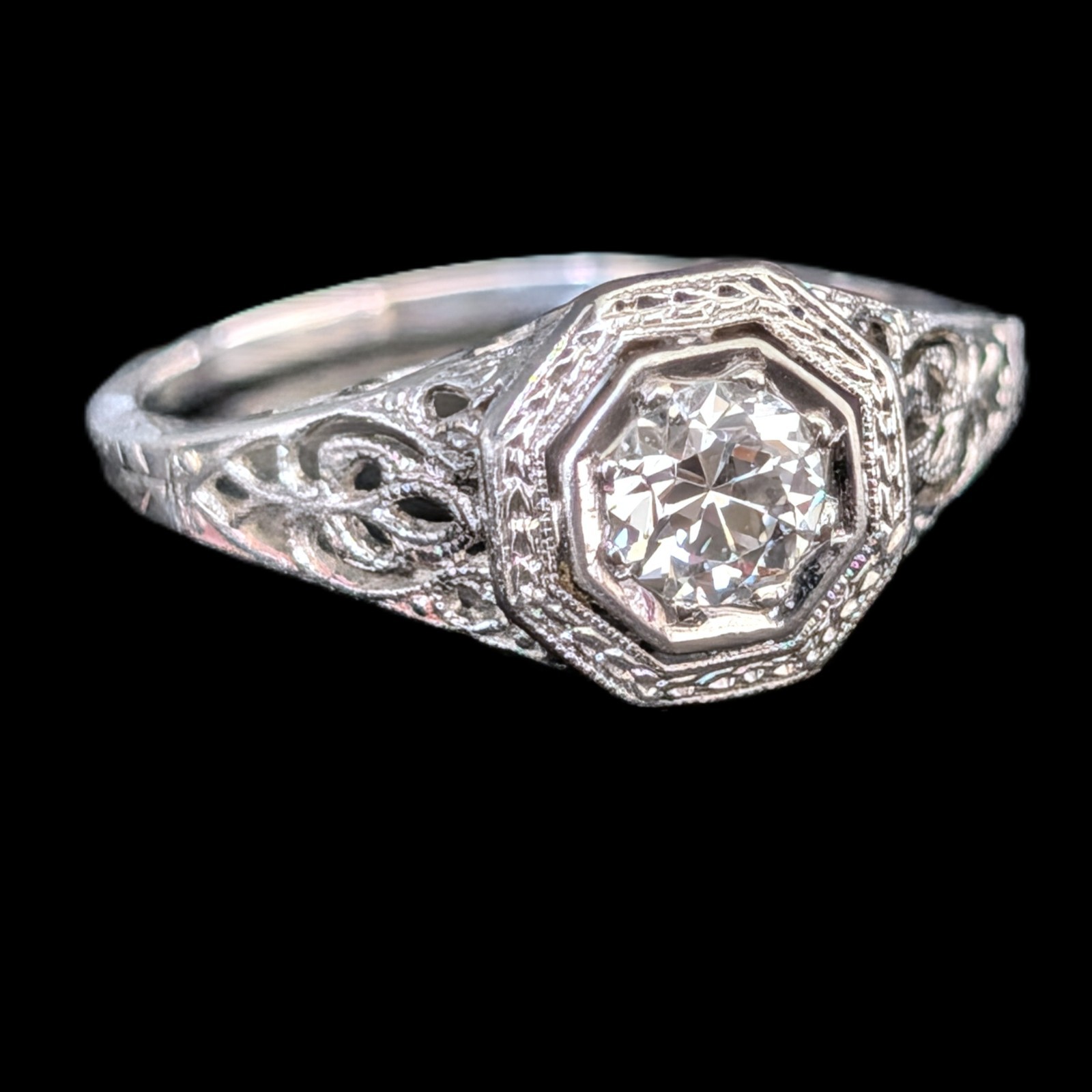 Art Deco Old European Cut Diamond 14k White Gold Platinum Engagement Ring 1920s