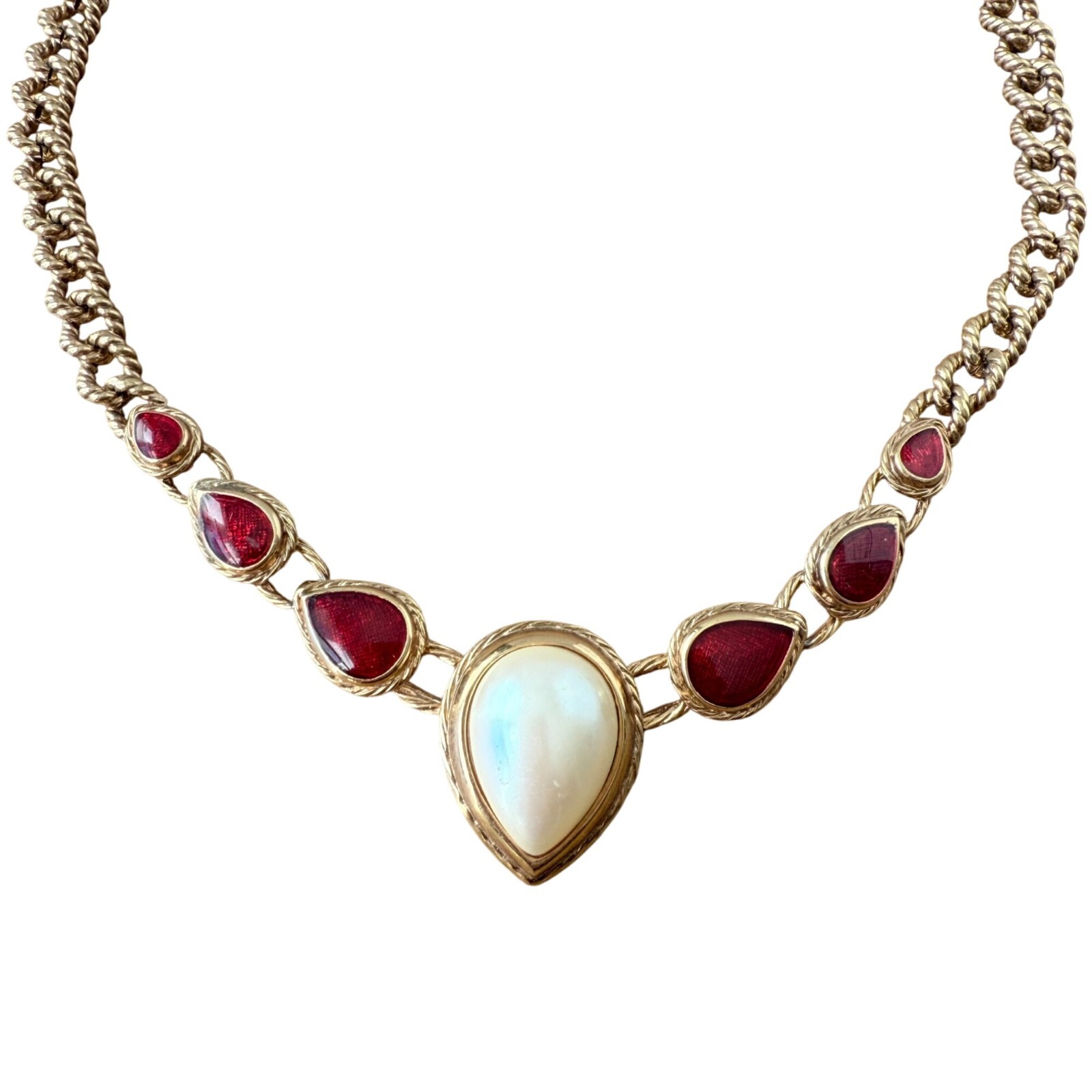 Vintage Monet Gold Tone Chain NecklaceTeardrop faux pearl and stones & Hook Clas