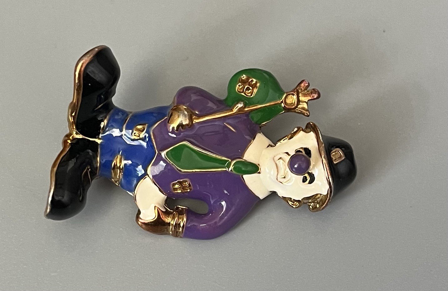 VTG Hobo Clown Brooch Gold Tone Metal Purple-Green-Blue-Black-White 2” Sad Face