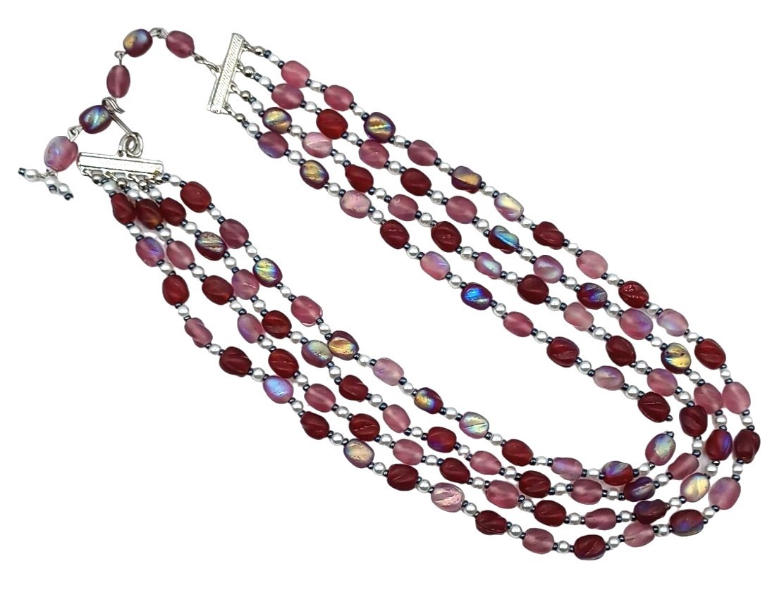 Vintage Glass Beaded Iridescent Necklace Pink Red Purple Four Strand Costume Jew