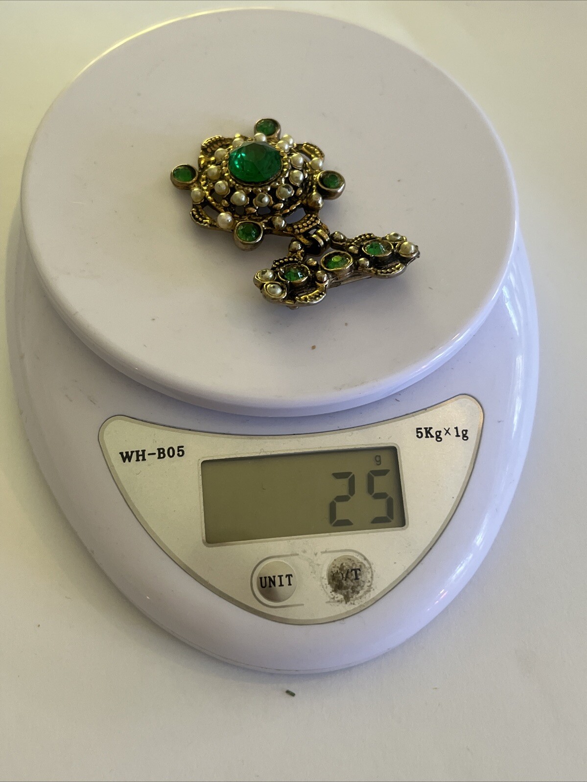 Vintage Austrian Hungarian Brooch Green Rhinestone Pearl Detailing
