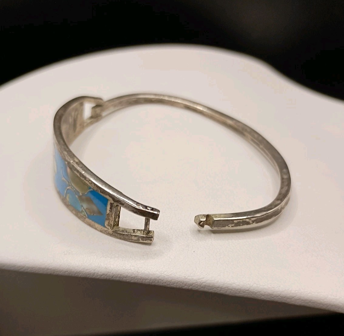 Alpaca Mexico Silver Cuff Bracelet Turquoise Abalone Inlay Butterfly Size 6.75″