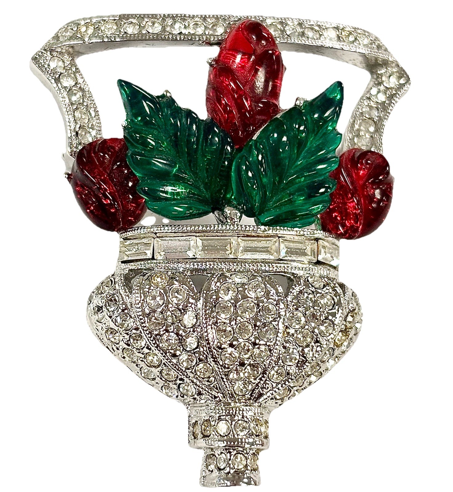 RARE Signed ART DECO 89 Floral Basket Brooch Pin Rhinestone Resin UNWORN HTF