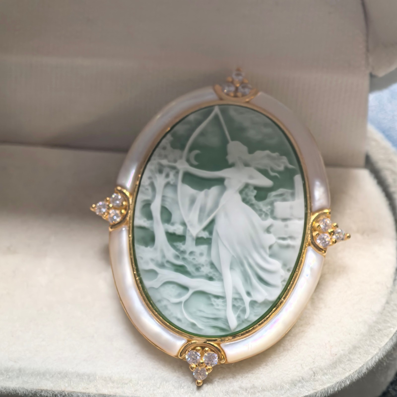 925 silver green Athena Agate cameo brooch pendant vintage estate jewelry