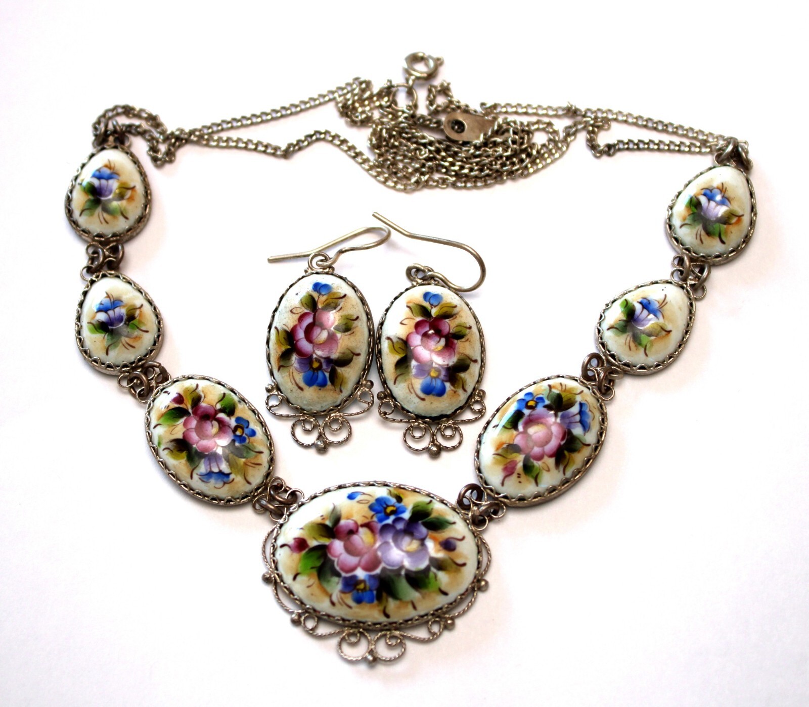 Vintage Unique Russian Enamel Hand Painted Jewelry Set Earrings & Necklace #27a
