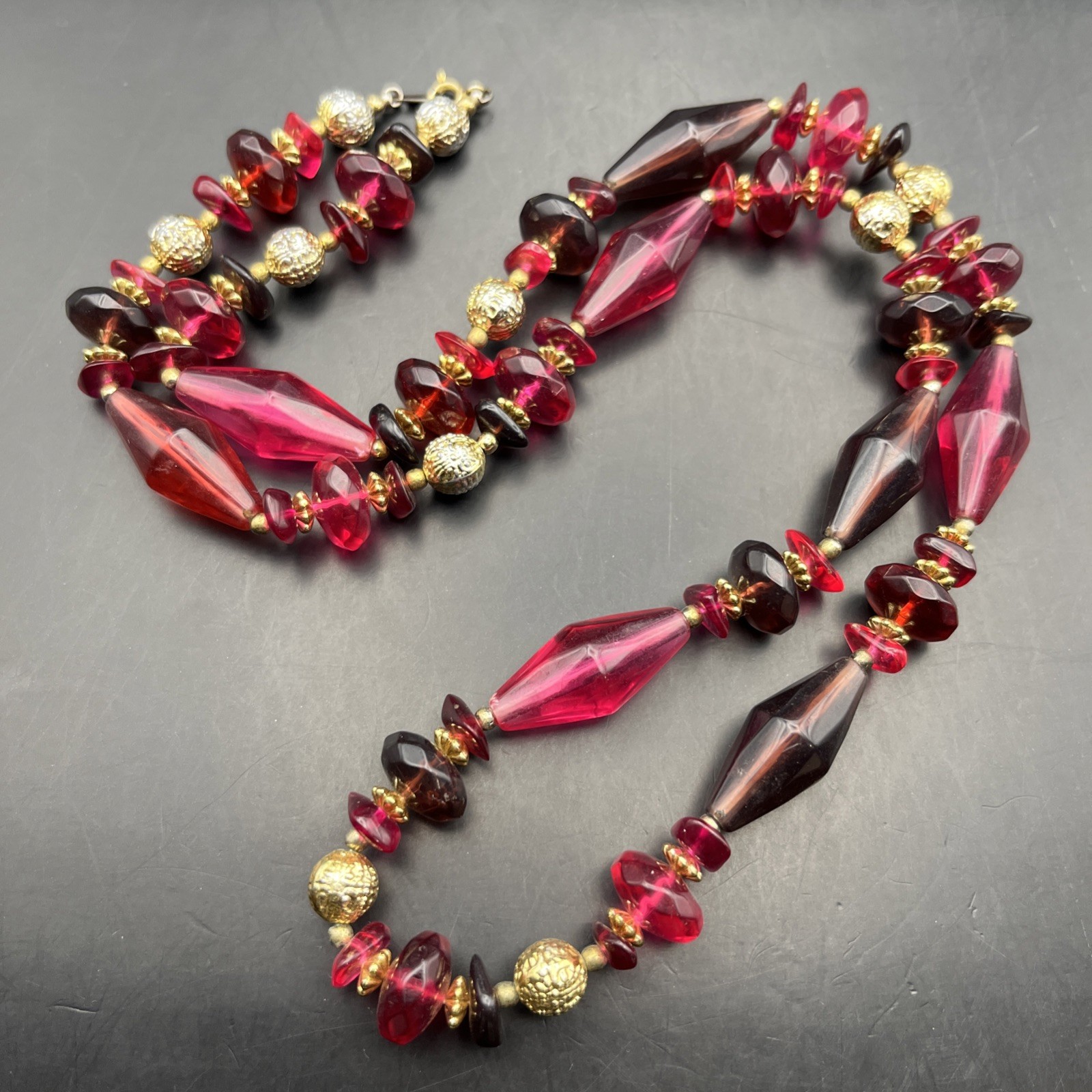 Pink Red Lucite Bead Necklace Long 30 Inch Purple Gold Tone Colorful Vintage