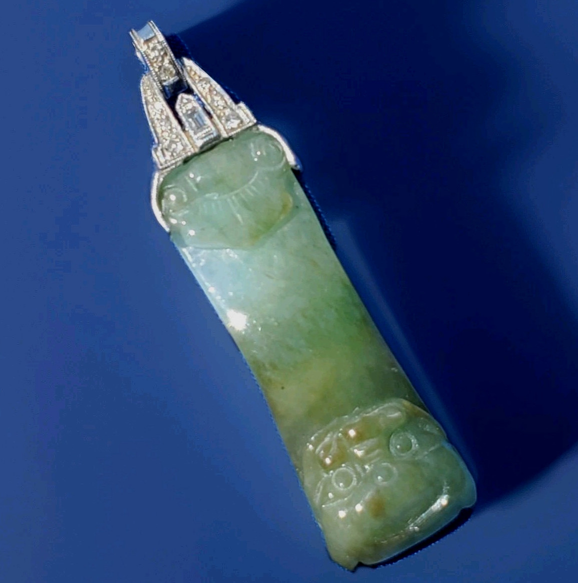 ORIGINAL Antique Green JADE DIAMOND Art Deco Pendant SOLID PLATINUM Medallion