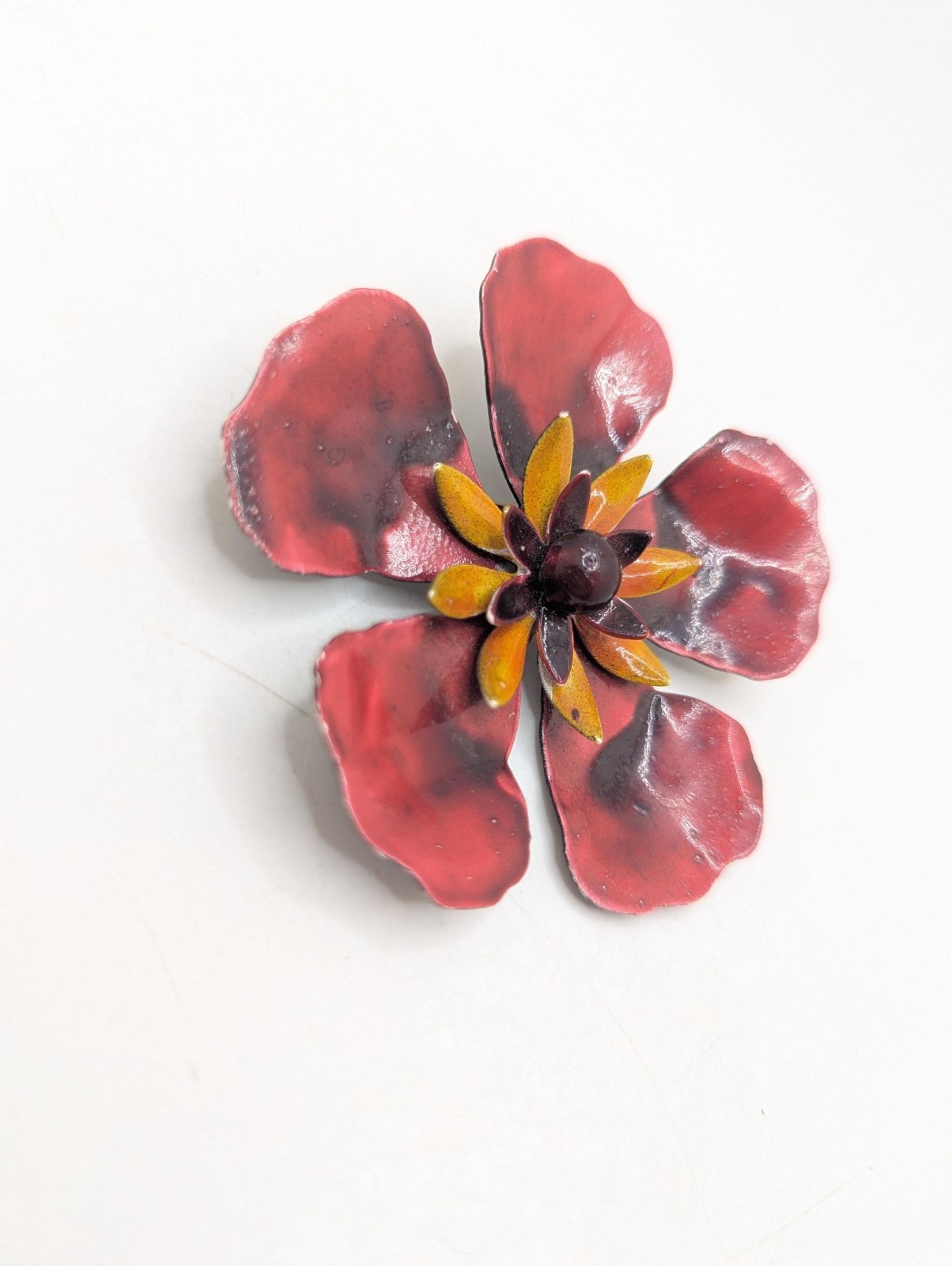 Vintage Poppy Flower Red Orange Brooch Lapel Pin Enamel Floral Costume Jewelry