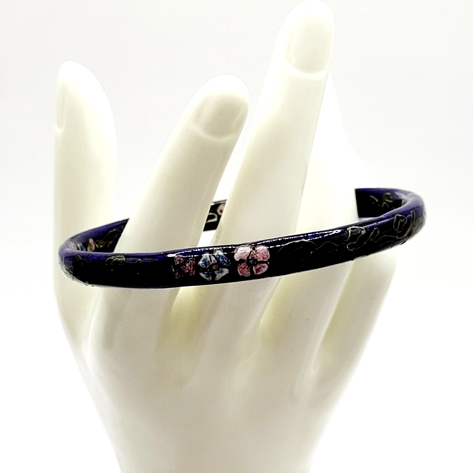Cloisonné Asian Inspired Dark Cobalt Blue Floral Hand Painted Bangle Bracelet