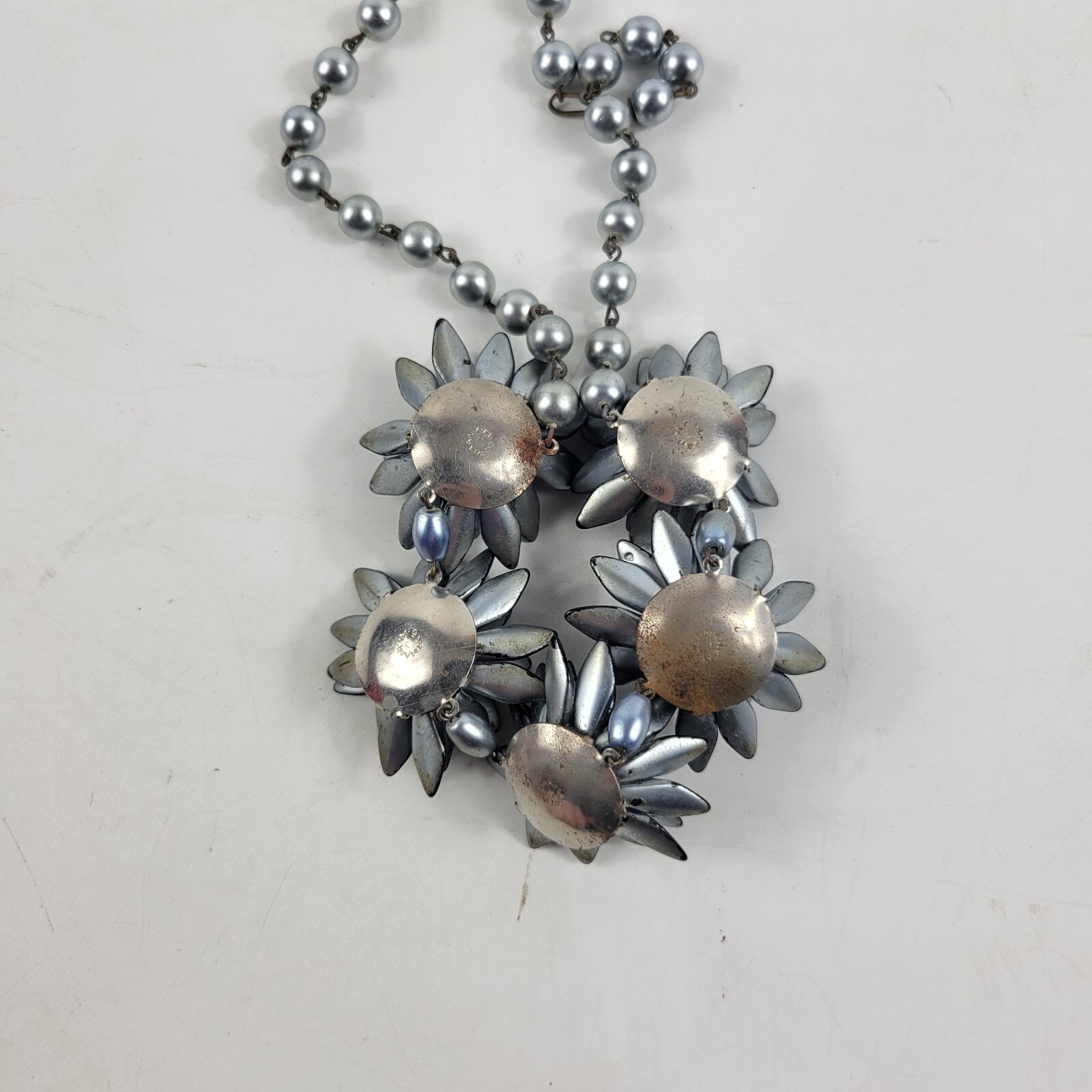 Vintage West Germany Silver Toned Floral Cluster and Faux Pearl Necklace